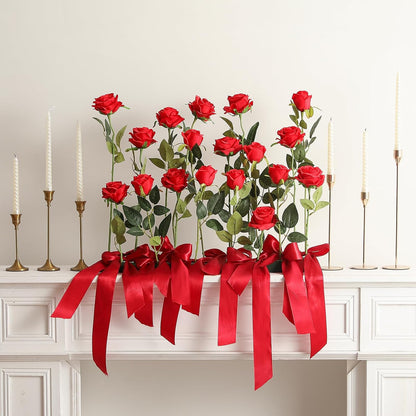 12PCS Artificial Silk Flowers Realistic Roses Bouquet Long Stem for Home Wedding Decoration Party (Red, 6 Flowers 6 Buds)