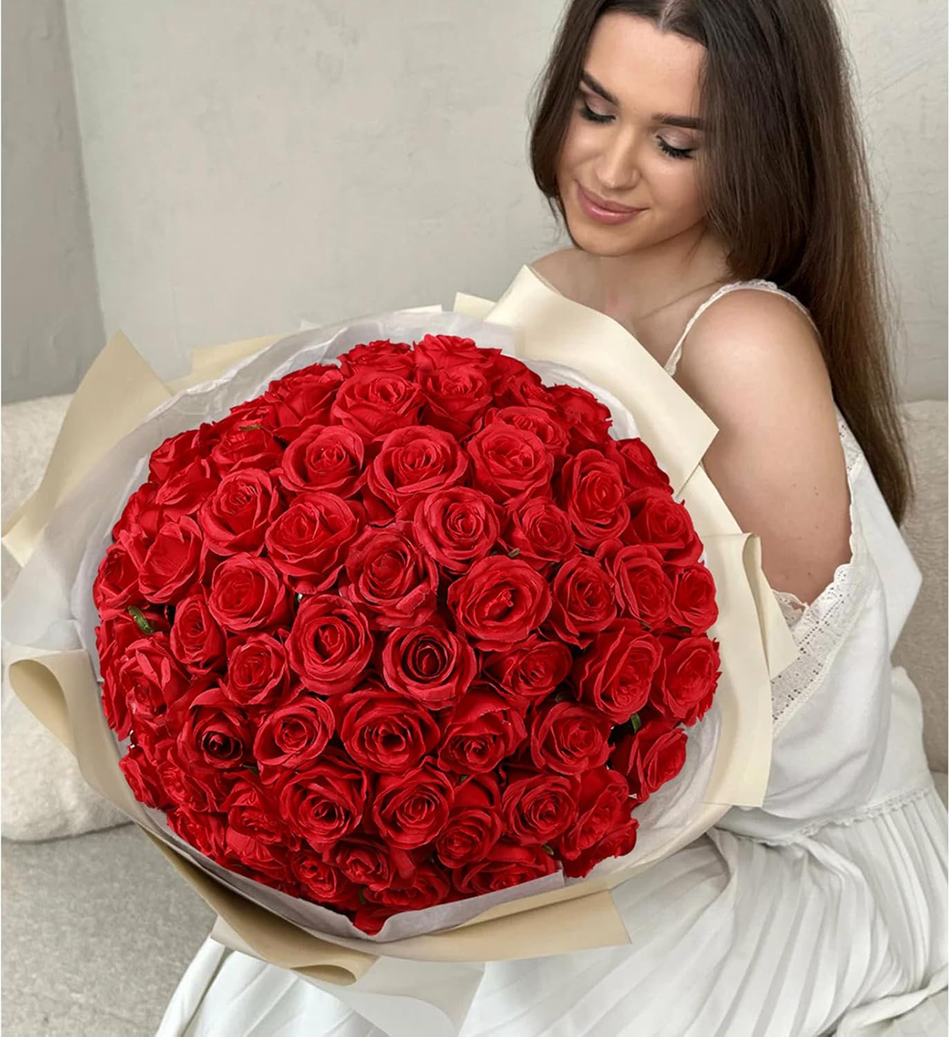 12PCS Artificial Silk Flowers Realistic Roses Bouquet Long Stem for Home Wedding Decoration Party (Red, 6 Flowers 6 Buds)