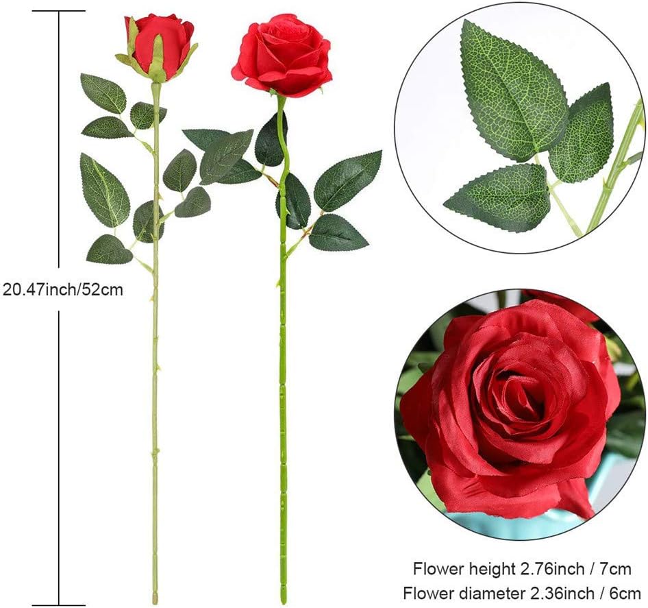 12PCS Artificial Silk Flowers Realistic Roses Bouquet Long Stem for Home Wedding Decoration Party (Red, 6 Flowers 6 Buds)