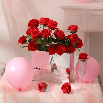 12PCS Artificial Silk Flowers Realistic Roses Bouquet Long Stem for Home Wedding Decoration Party (Red, 6 Flowers 6 Buds)