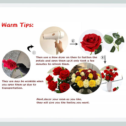 12PCS Artificial Silk Flowers Realistic Roses Bouquet Long Stem for Home Wedding Decoration Party (Red, 6 Flowers 6 Buds)