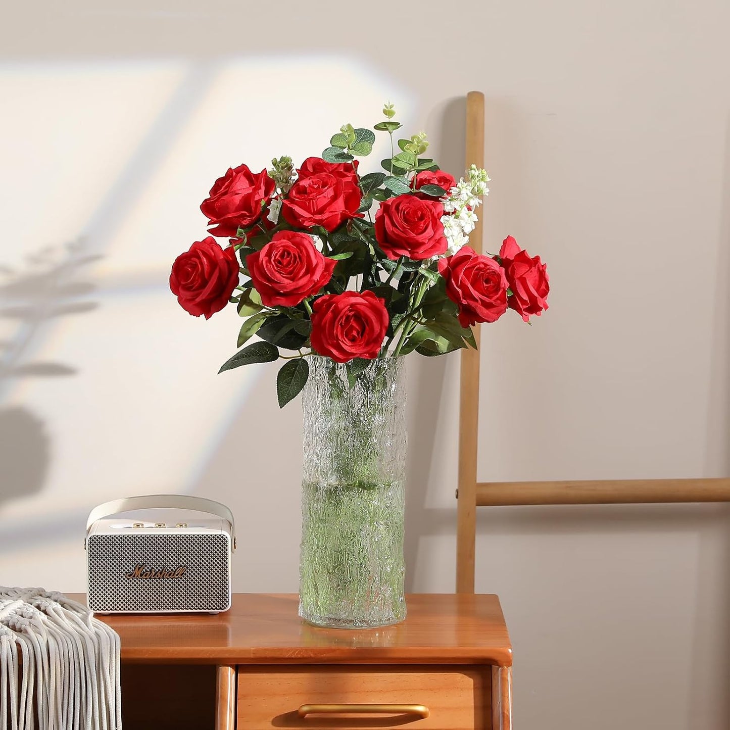 12PCS Artificial Silk Flowers Realistic Roses Bouquet Long Stem for Home Wedding Decoration Party (Red, 6 Flowers 6 Buds)