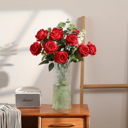 12PCS Artificial Silk Flowers Realistic Roses Bouquet Long Stem for Home Wedding Decoration Party (Red, 6 Flowers 6 Buds)