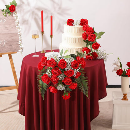 12PCS Artificial Silk Flowers Realistic Roses Bouquet Long Stem for Home Wedding Decoration Party (Red, 6 Flowers 6 Buds)