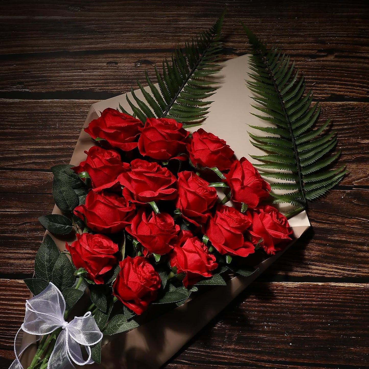 12PCS Artificial Silk Flowers Realistic Roses Bouquet Long Stem for Home Wedding Decoration Party (Red, 6 Flowers 6 Buds)