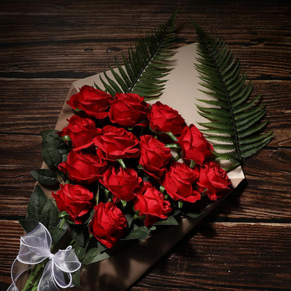 12PCS Artificial Silk Flowers Realistic Roses Bouquet Long Stem for Home Wedding Decoration Party (Red, 6 Flowers 6 Buds)
