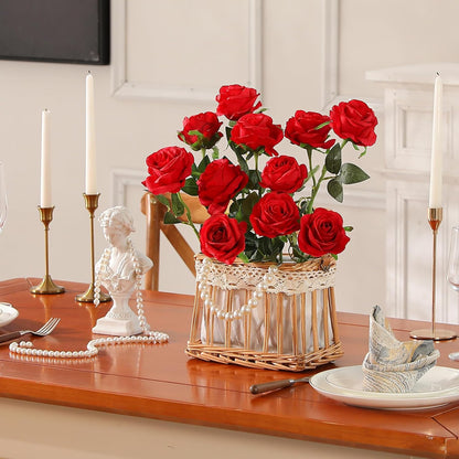 12PCS Artificial Silk Flowers Realistic Roses Bouquet Long Stem for Home Wedding Decoration Party (Red, 6 Flowers 6 Buds)
