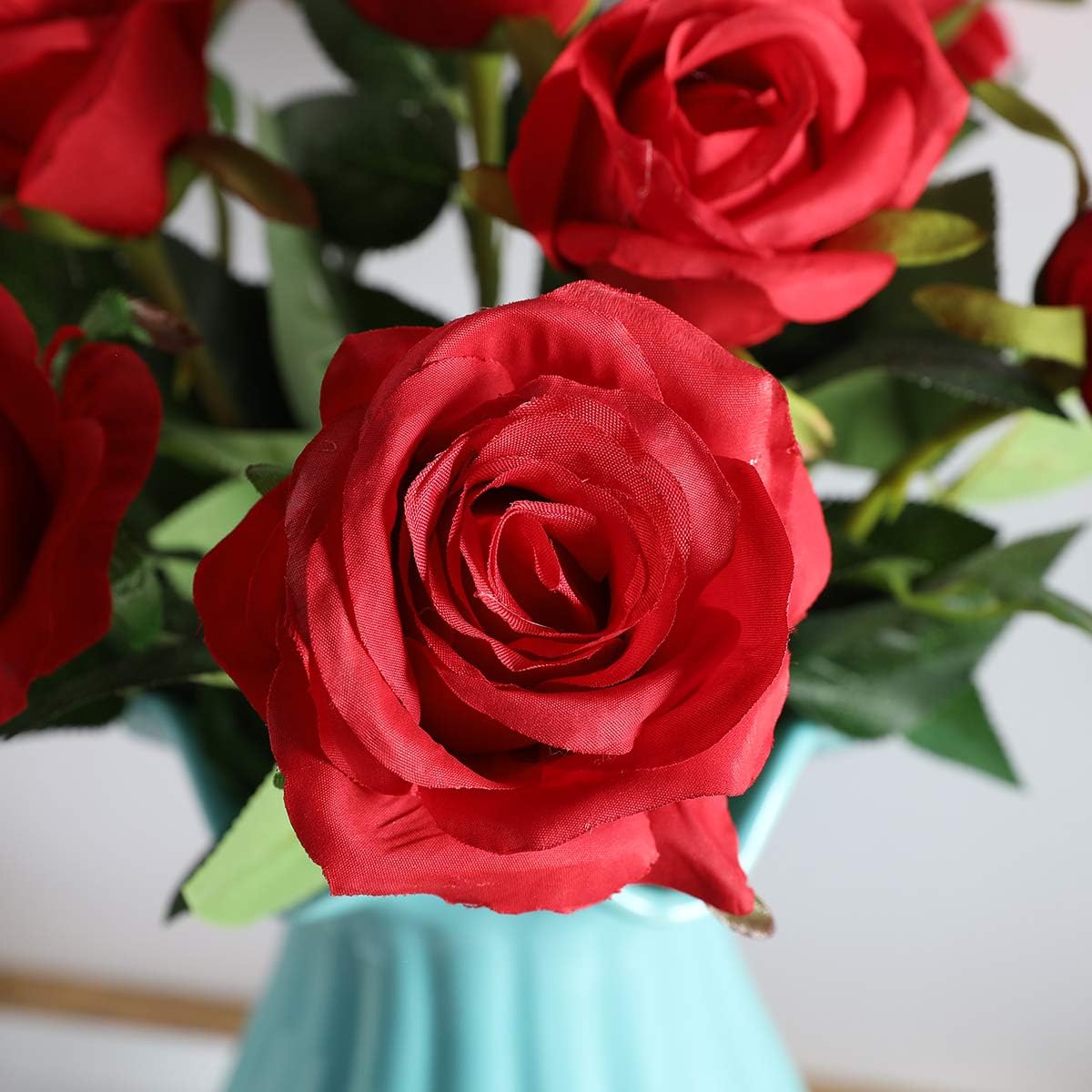 12PCS Artificial Silk Flowers Realistic Roses Bouquet Long Stem for Home Wedding Decoration Party (Red, 6 Flowers 6 Buds)