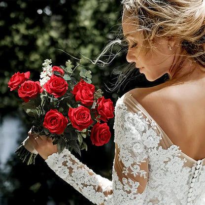 12PCS Artificial Silk Flowers Realistic Roses Bouquet Long Stem for Home Wedding Decoration Party (Red, 6 Flowers 6 Buds)