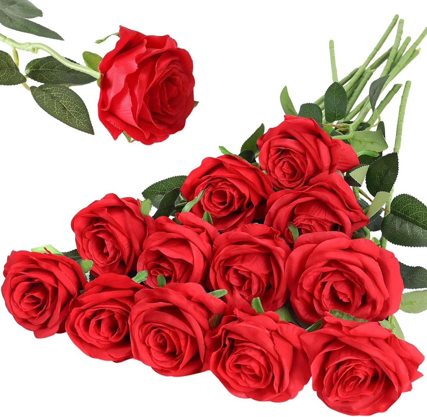 12PCS Artificial Silk Flowers Realistic Roses Bouquet Long Stem for Home Wedding Decoration Party (Red, 6 Flowers 6 Buds)