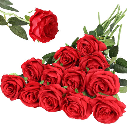 12PCS Artificial Silk Flowers Realistic Roses Bouquet Long Stem for Home Wedding Decoration Party (Red, 6 Flowers 6 Buds)