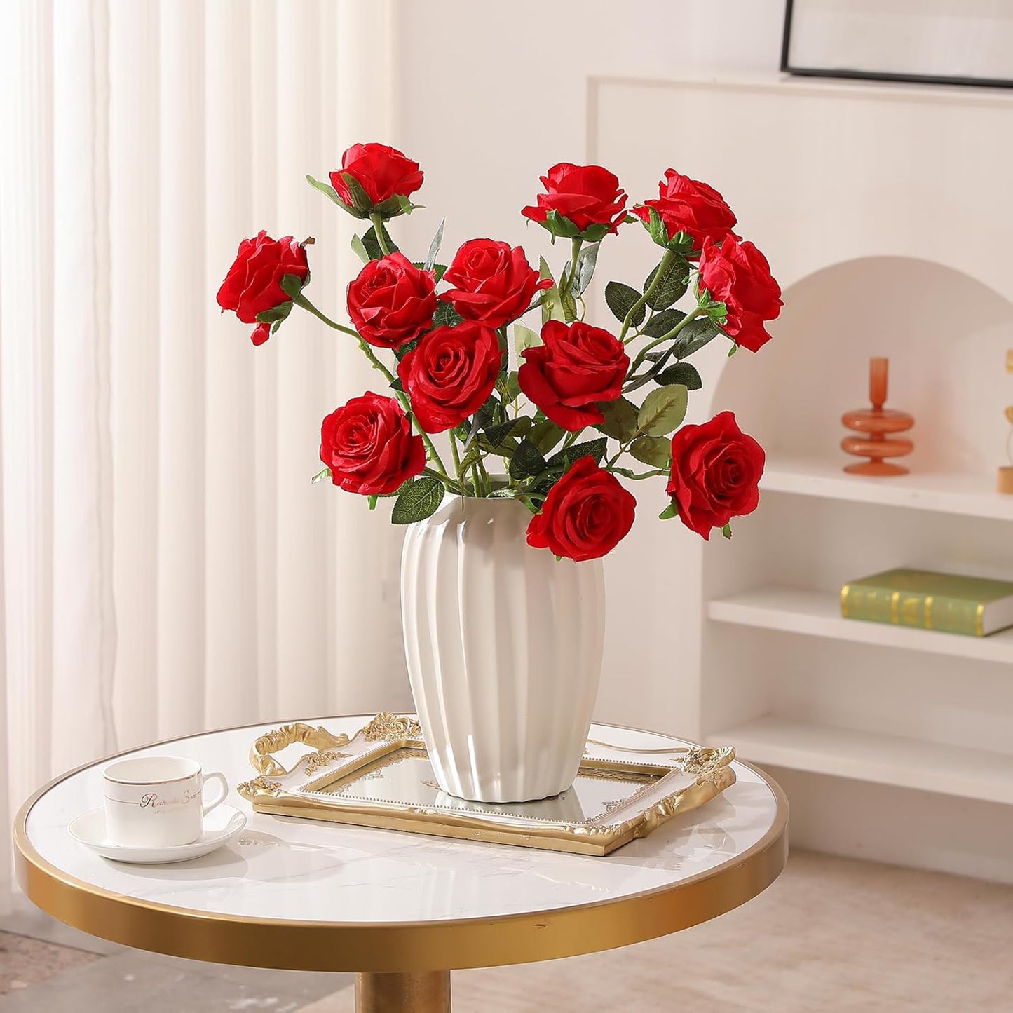 12PCS Artificial Silk Flowers Realistic Roses Bouquet Long Stem for Home Wedding Decoration Party (Red, 6 Flowers 6 Buds)