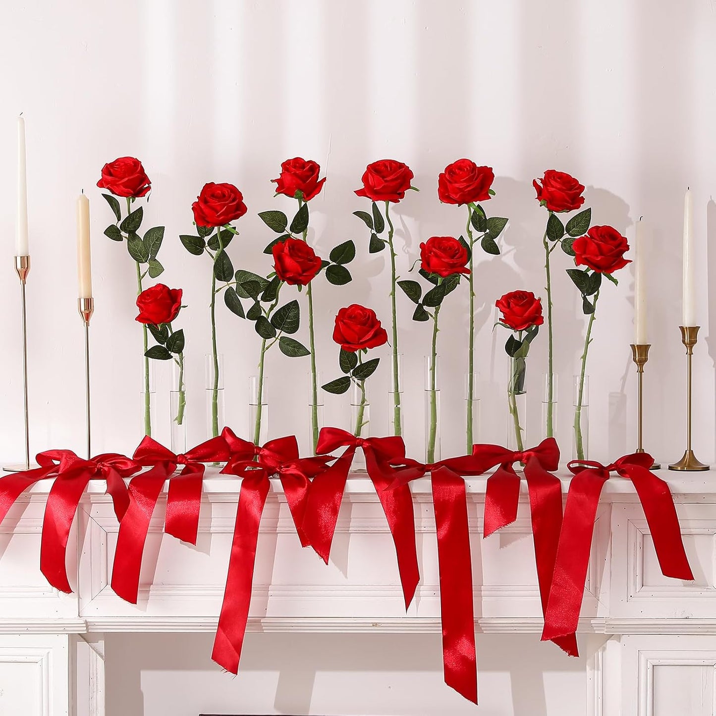 12PCS Artificial Silk Flowers Realistic Roses Bouquet Long Stem for Home Wedding Decoration Party (Red, 6 Flowers 6 Buds)