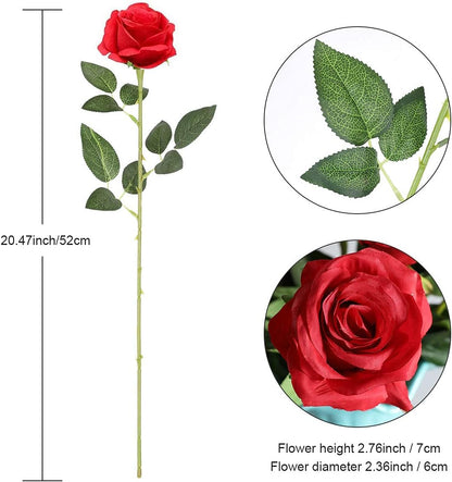 12PCS Artificial Silk Flowers Realistic Roses Bouquet Long Stem for Home Wedding Decoration Party (Red, 6 Flowers 6 Buds)