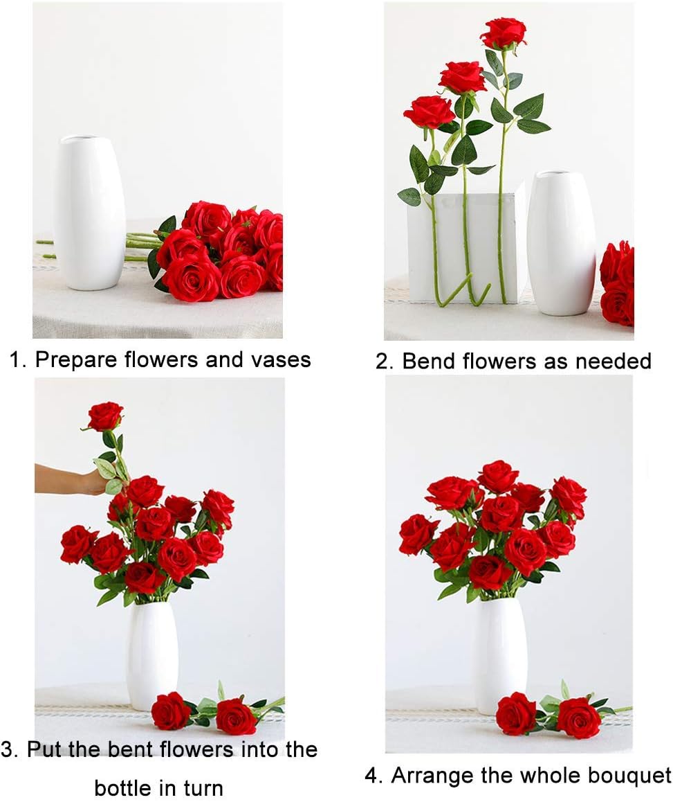 12PCS Artificial Silk Flowers Realistic Roses Bouquet Long Stem for Home Wedding Decoration Party (Red, 6 Flowers 6 Buds)