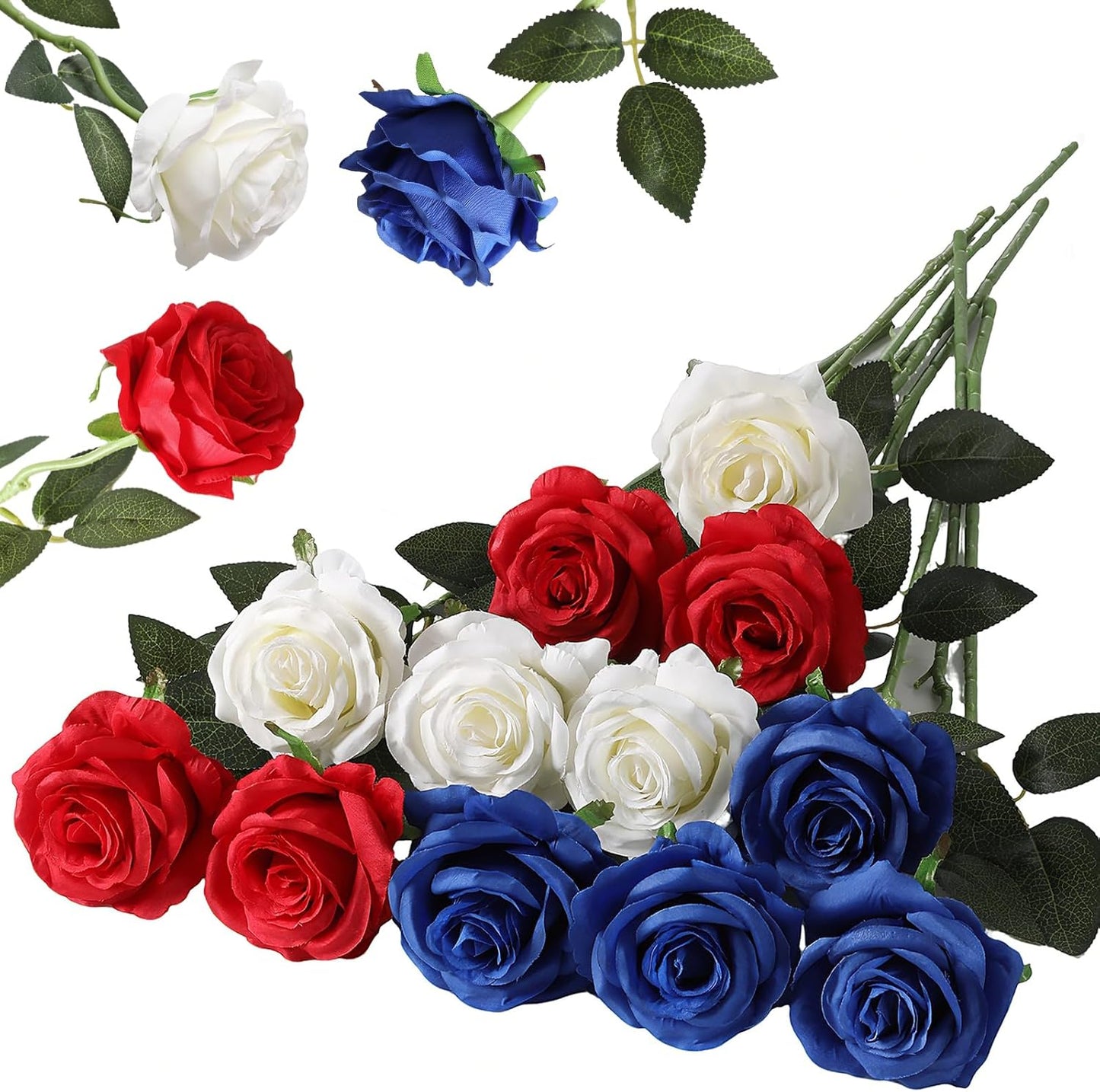12PCS Artificial Silk Flowers Realistic Roses Bouquet Long Stem for Home Wedding Decoration Party (Red, 6 Flowers 6 Buds)