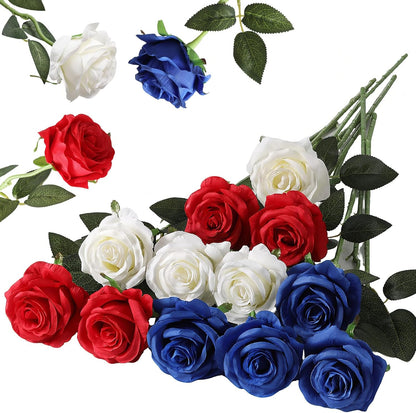 12PCS Artificial Silk Flowers Realistic Roses Bouquet Long Stem for Home Wedding Decoration Party (Red, 6 Flowers 6 Buds)
