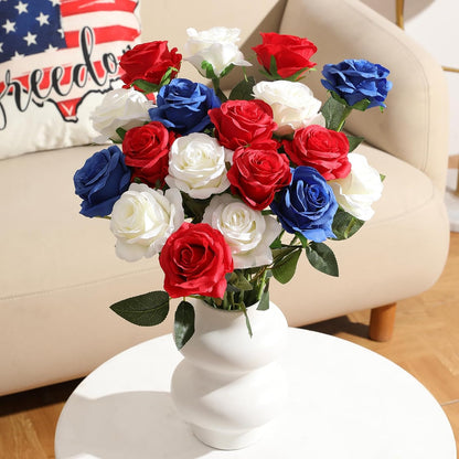 12PCS Artificial Silk Flowers Realistic Roses Bouquet Long Stem for Home Wedding Decoration Party (Red, 6 Flowers 6 Buds)