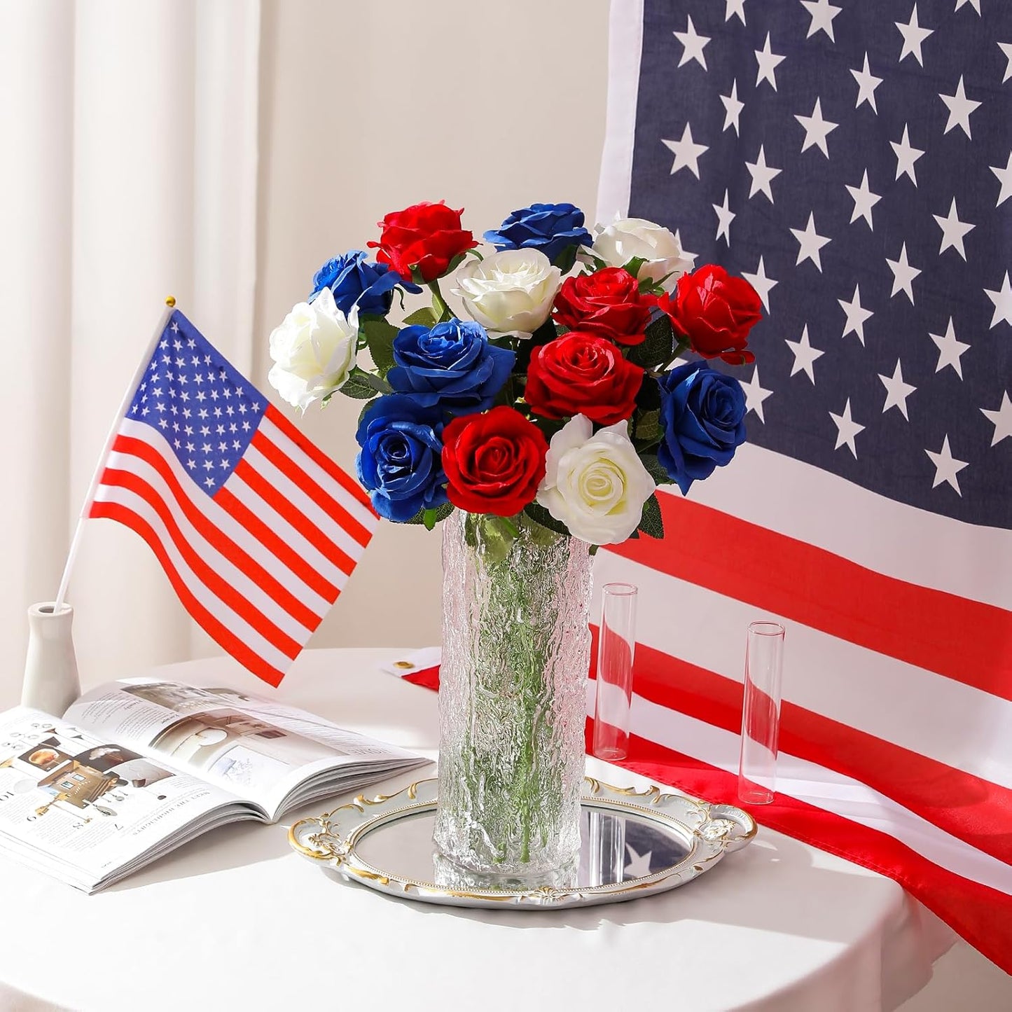 12PCS Artificial Silk Flowers Realistic Roses Bouquet Long Stem for Home Wedding Decoration Party (Red, 6 Flowers 6 Buds)