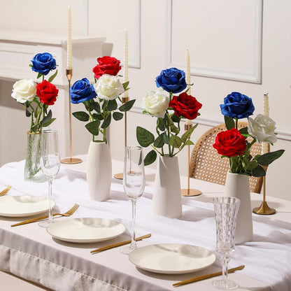 12PCS Artificial Silk Flowers Realistic Roses Bouquet Long Stem for Home Wedding Decoration Party (Red, 6 Flowers 6 Buds)