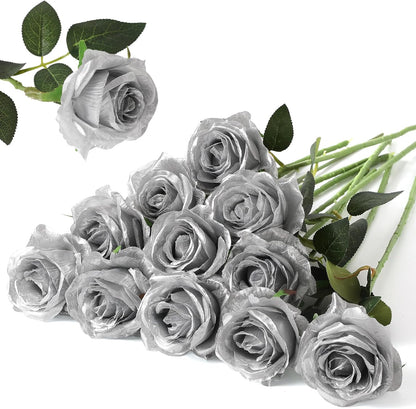 12PCS Artificial Silk Flowers Realistic Roses Bouquet Long Stem for Home Wedding Decoration Party (Red, 6 Flowers 6 Buds)