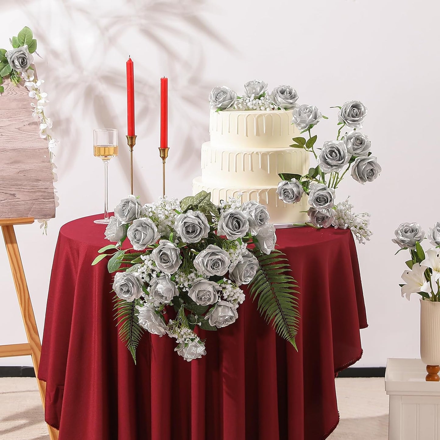12PCS Artificial Silk Flowers Realistic Roses Bouquet Long Stem for Home Wedding Decoration Party (Red, 6 Flowers 6 Buds)