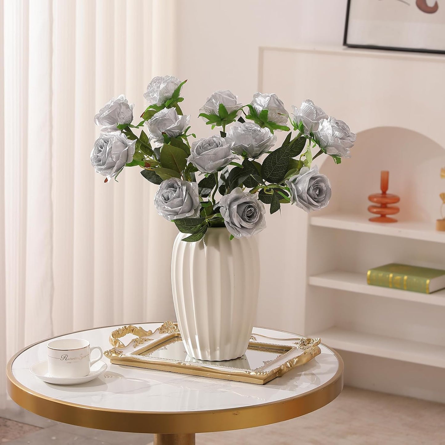12PCS Artificial Silk Flowers Realistic Roses Bouquet Long Stem for Home Wedding Decoration Party (Red, 6 Flowers 6 Buds)