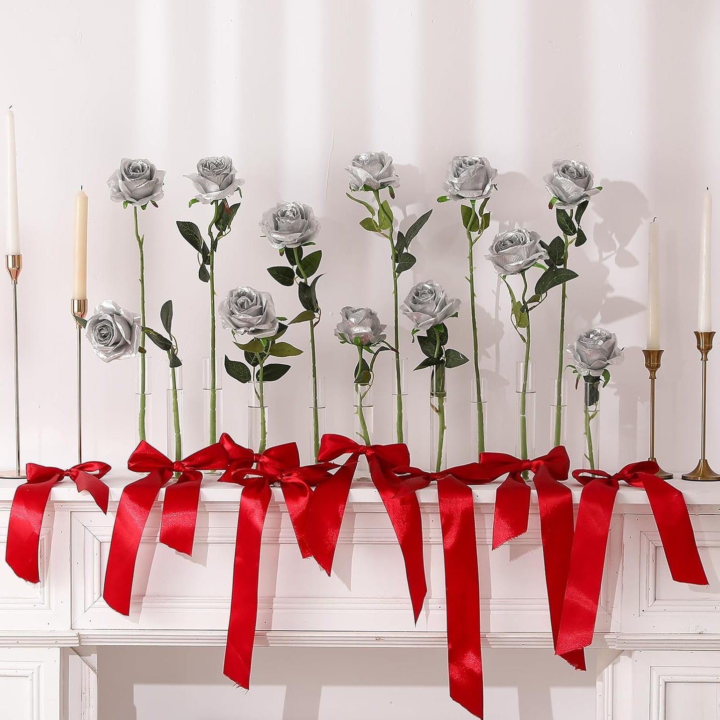 12PCS Artificial Silk Flowers Realistic Roses Bouquet Long Stem for Home Wedding Decoration Party (Red, 6 Flowers 6 Buds)