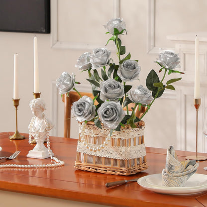 12PCS Artificial Silk Flowers Realistic Roses Bouquet Long Stem for Home Wedding Decoration Party (Red, 6 Flowers 6 Buds)