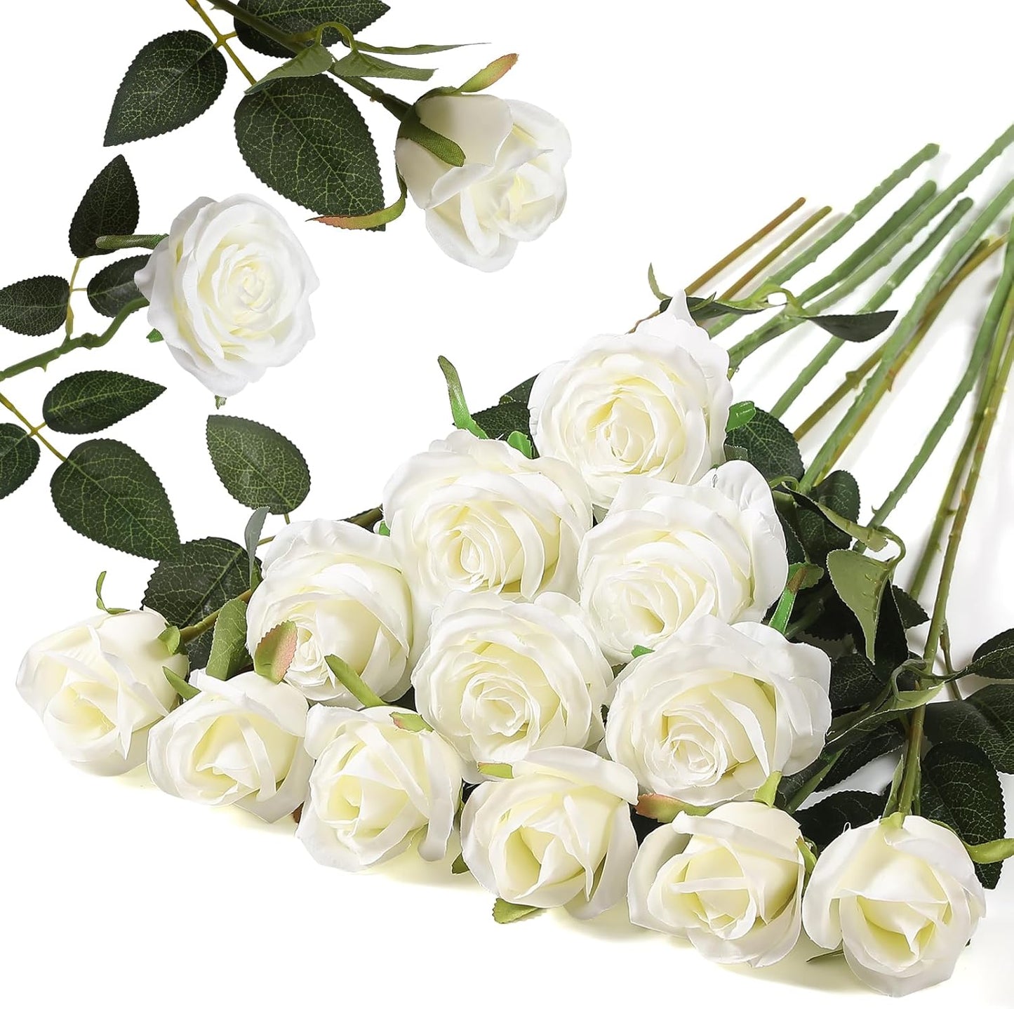 12PCS Artificial Silk Flowers Realistic Roses Bouquet Long Stem for Home Wedding Decoration Party (Red, 6 Flowers 6 Buds)