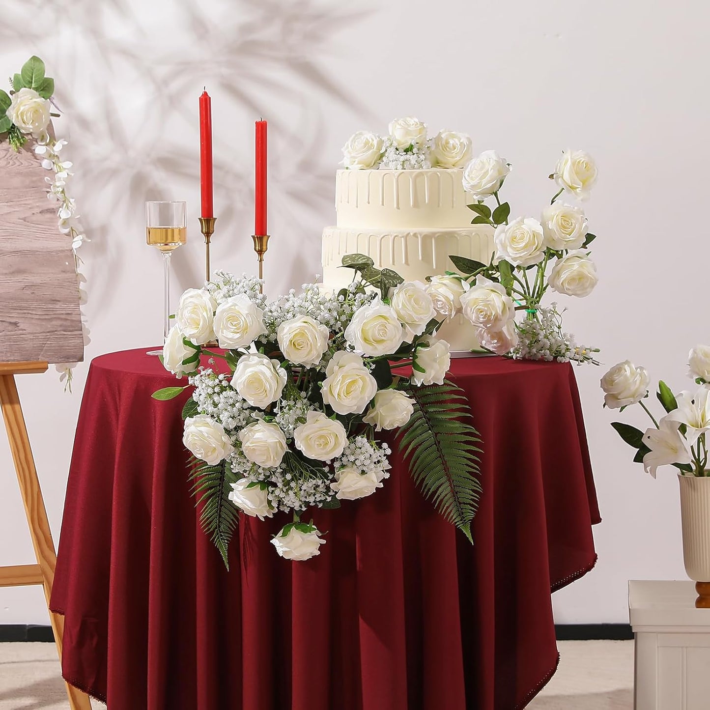 12PCS Artificial Silk Flowers Realistic Roses Bouquet Long Stem for Home Wedding Decoration Party (Red, 6 Flowers 6 Buds)