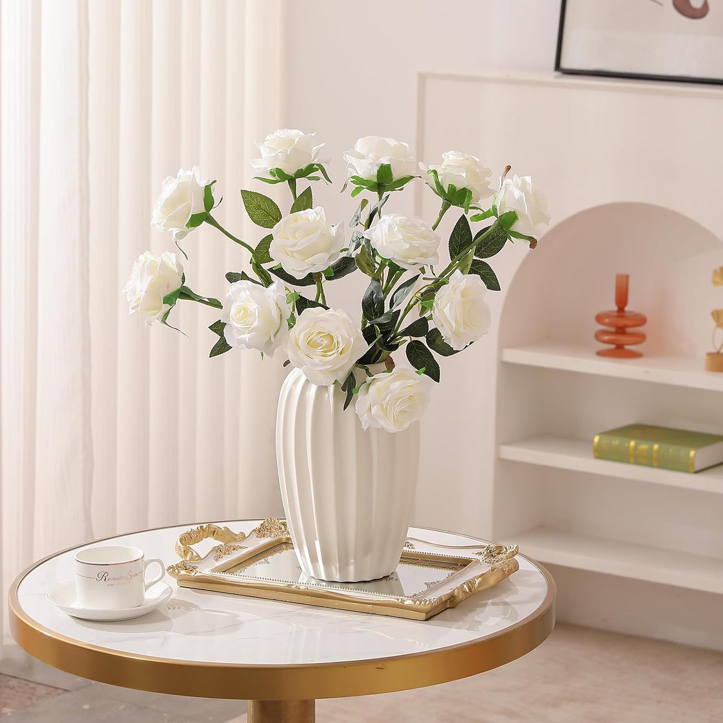 12PCS Artificial Silk Flowers Realistic Roses Bouquet Long Stem for Home Wedding Decoration Party (Red, 6 Flowers 6 Buds)