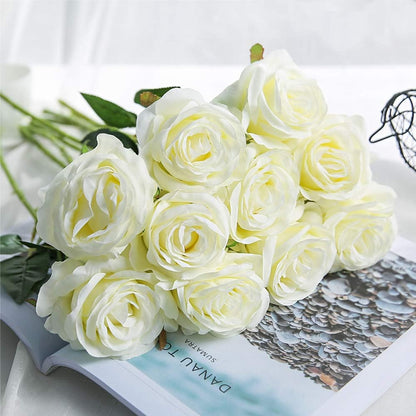 12PCS Artificial Silk Flowers Realistic Roses Bouquet Long Stem for Home Wedding Decoration Party (Red, 6 Flowers 6 Buds)