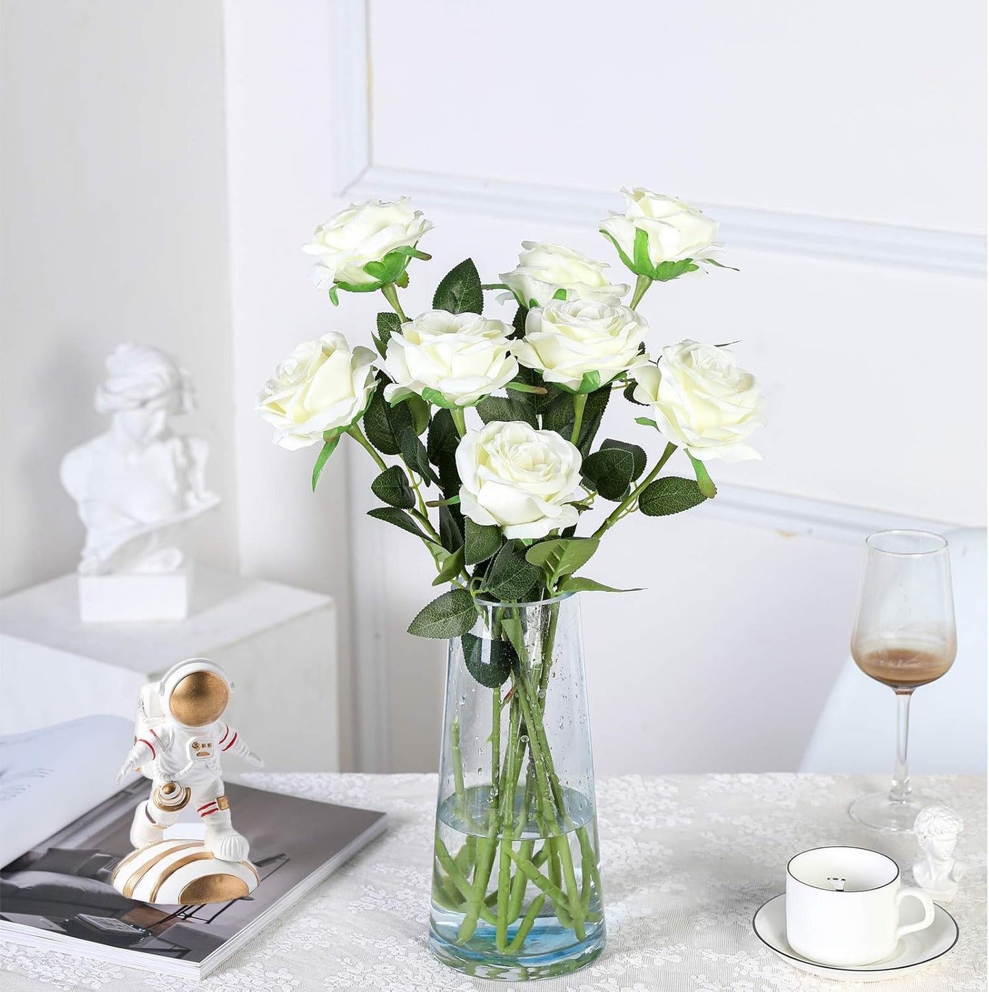 12PCS Artificial Silk Flowers Realistic Roses Bouquet Long Stem for Home Wedding Decoration Party (Red, 6 Flowers 6 Buds)