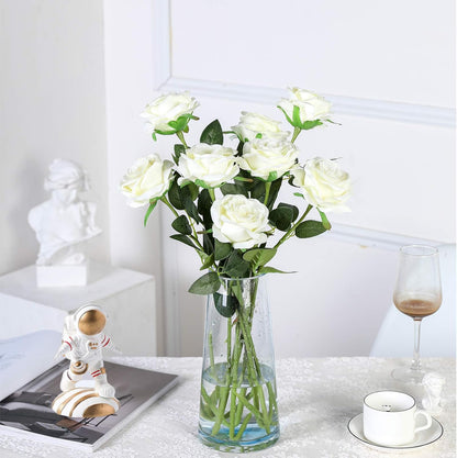12PCS Artificial Silk Flowers Realistic Roses Bouquet Long Stem for Home Wedding Decoration Party (Red, 6 Flowers 6 Buds)