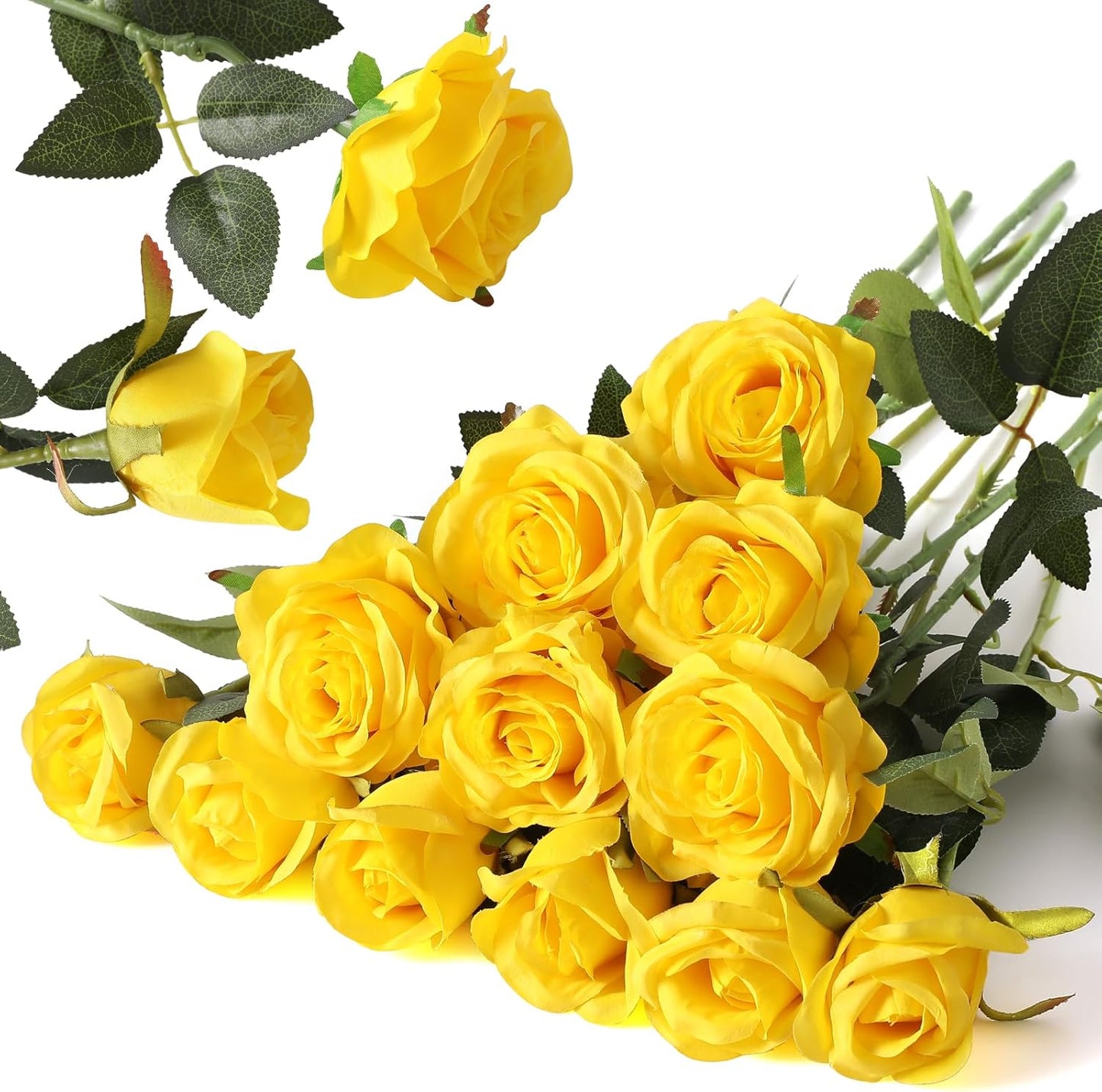 12PCS Artificial Silk Flowers Realistic Roses Bouquet Long Stem for Home Wedding Decoration Party (Red, 6 Flowers 6 Buds)