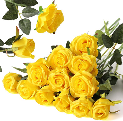 12PCS Artificial Silk Flowers Realistic Roses Bouquet Long Stem for Home Wedding Decoration Party (Red, 6 Flowers 6 Buds)