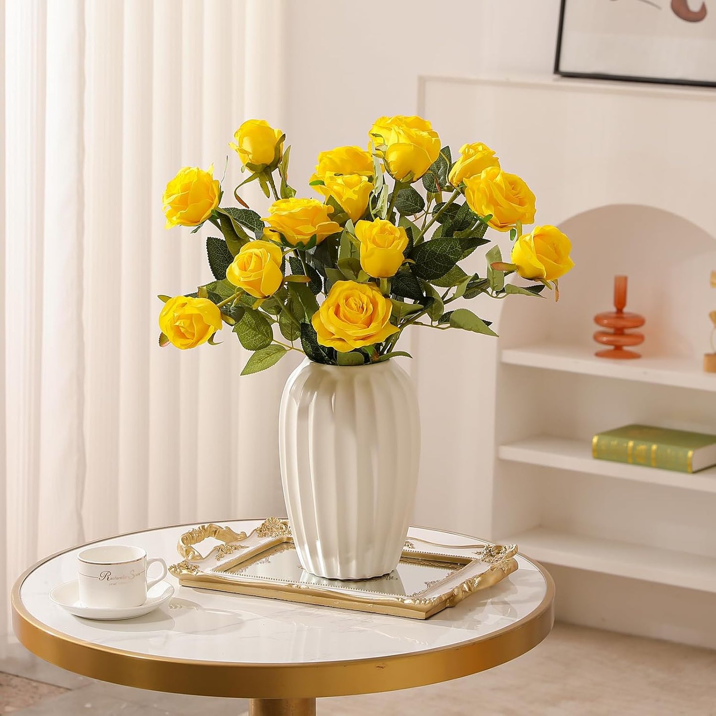 12PCS Artificial Silk Flowers Realistic Roses Bouquet Long Stem for Home Wedding Decoration Party (Red, 6 Flowers 6 Buds)