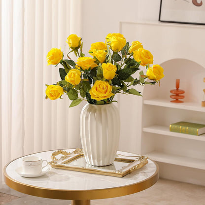 12PCS Artificial Silk Flowers Realistic Roses Bouquet Long Stem for Home Wedding Decoration Party (Red, 6 Flowers 6 Buds)