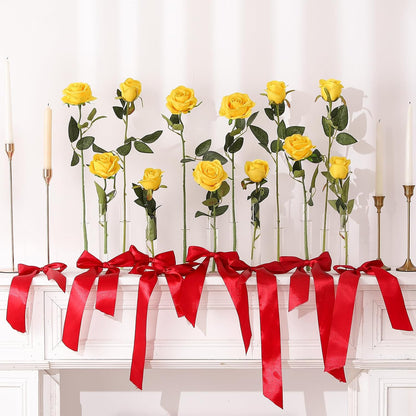 12PCS Artificial Silk Flowers Realistic Roses Bouquet Long Stem for Home Wedding Decoration Party (Red, 6 Flowers 6 Buds)