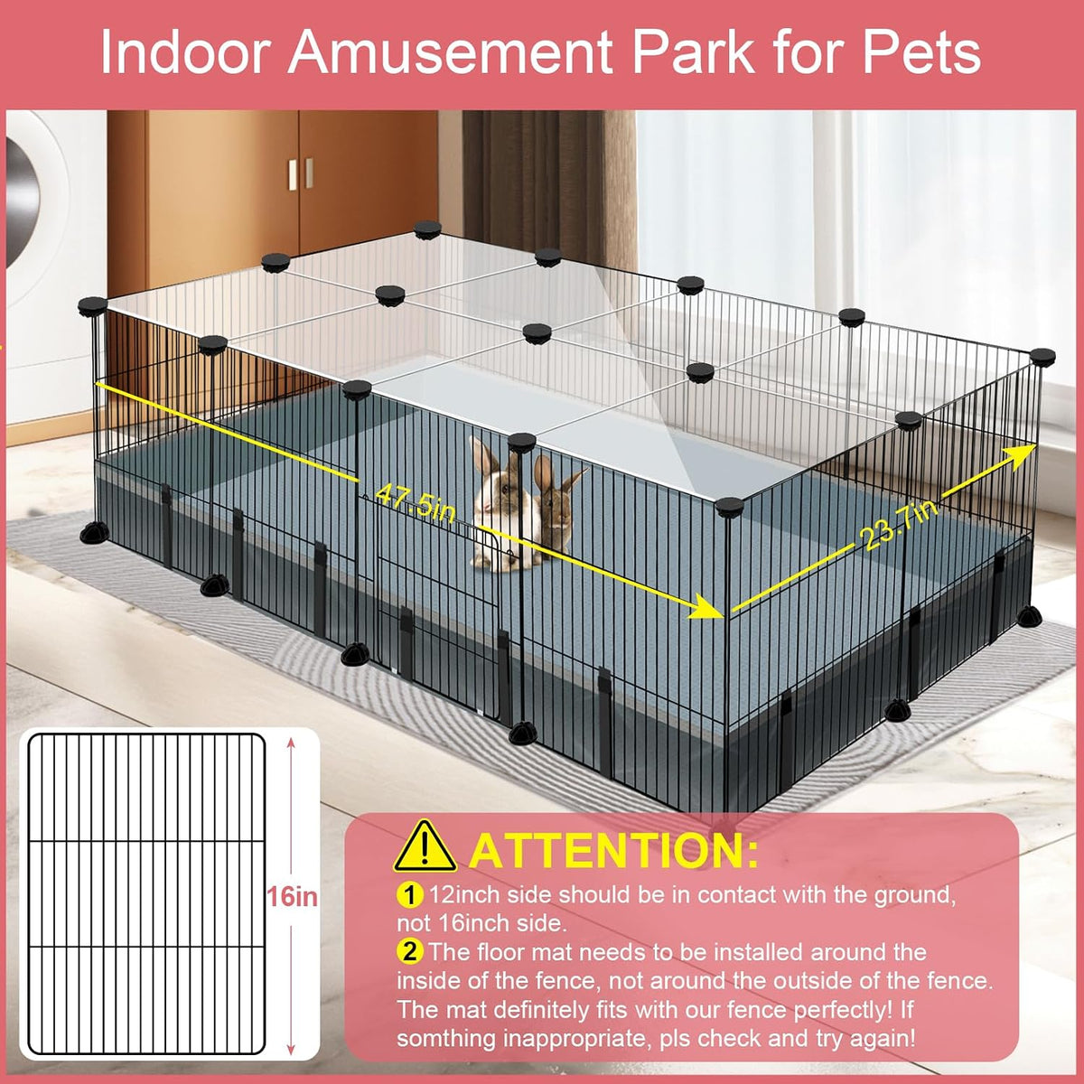 20 Panels Small Animal Playpen, 48" x 24" x 16" Rabbit Cage