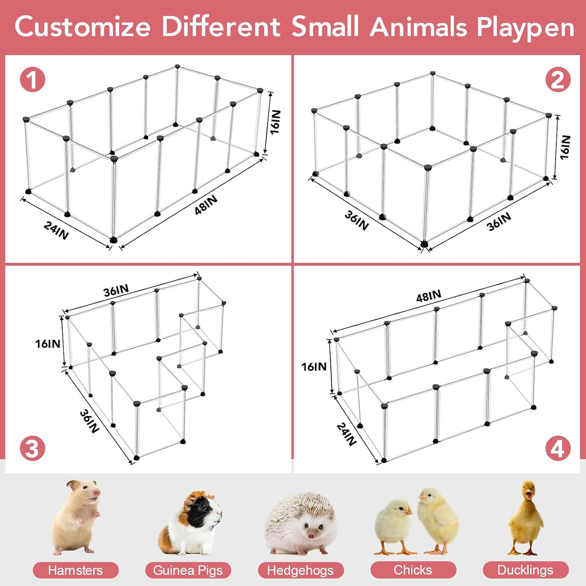 20 Panels Small Animal Playpen, 48" x 24" x 16" Rabbit Cage