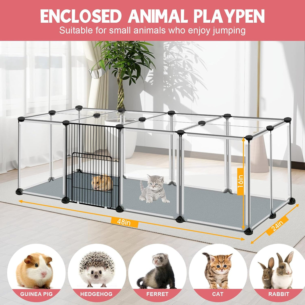 20 Panels Small Animal Playpen, 48" x 24" x 16" Rabbit Cage