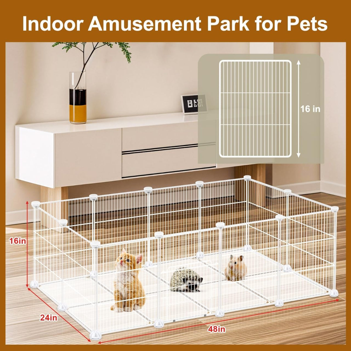 20 Panels Small Animal Playpen, 48" x 24" x 16" Rabbit Cage