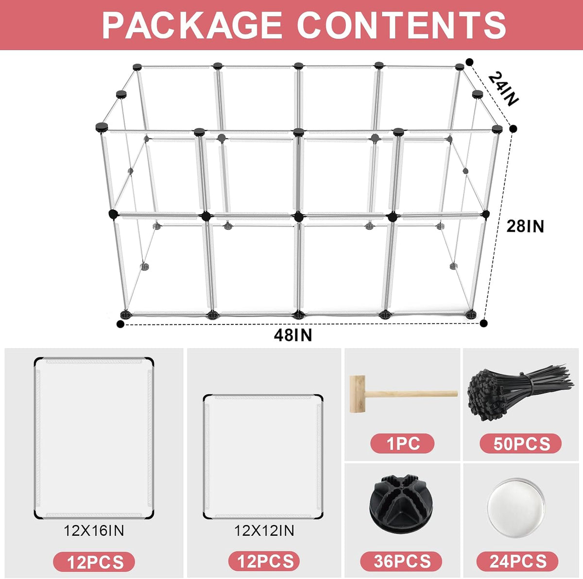 20 Panels Small Animal Playpen, 48" x 24" x 16" Rabbit Cage