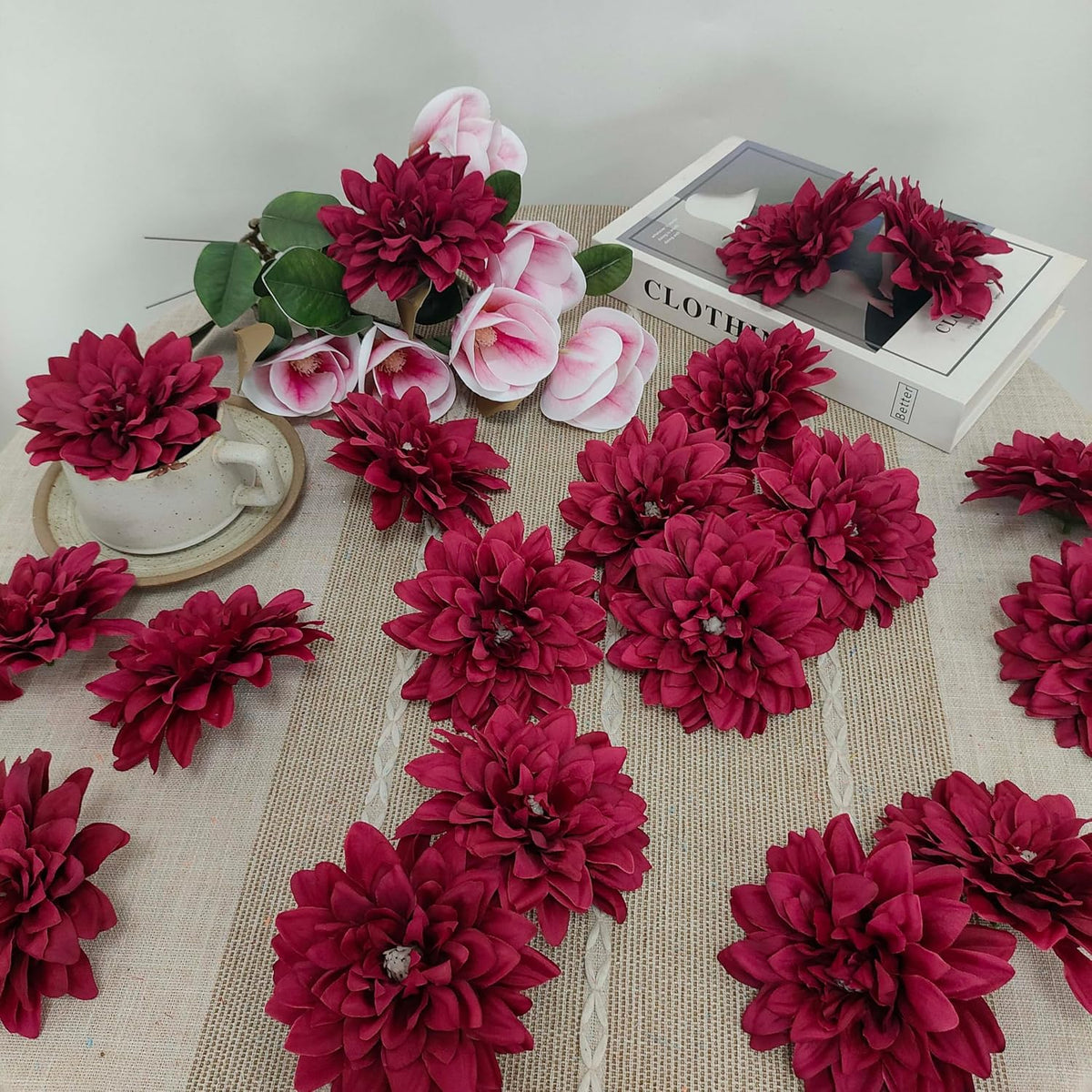 5''Silk Coral Pink Dahlia Artificial Flowers Bulk, 30 Pcs Fake Dahlias Flowers Heads for Craft, Large Flower Heads Faux Flowers for Wedding Party, Home Office, Hat, Wall Decoration (30, coral pink)