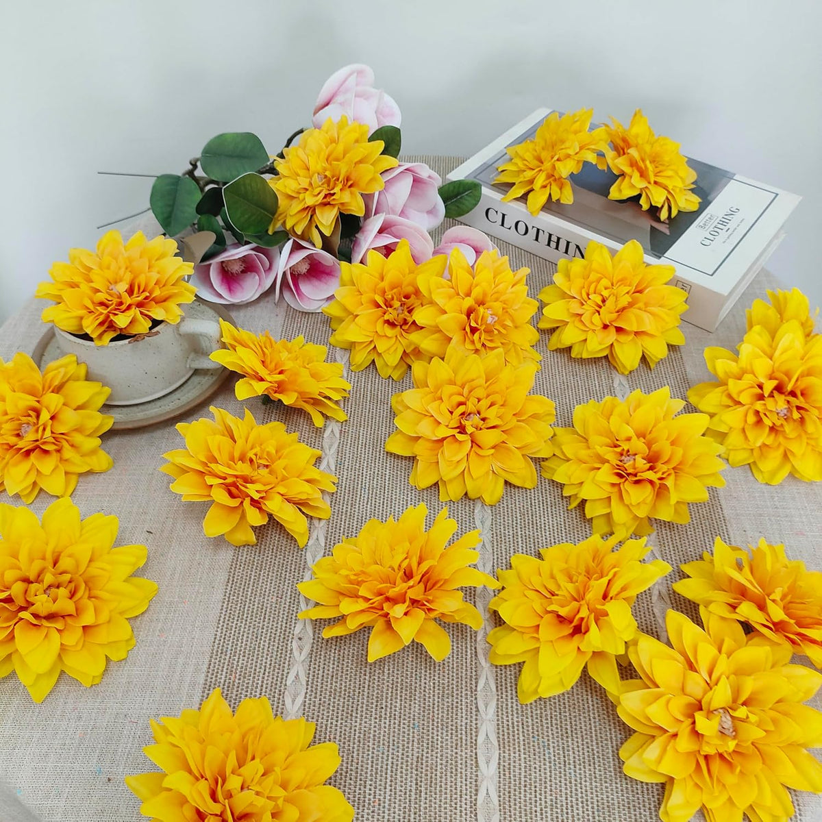 5''Silk Coral Pink Dahlia Artificial Flowers Bulk, 30 Pcs Fake Dahlias Flowers Heads for Craft, Large Flower Heads Faux Flowers for Wedding Party, Home Office, Hat, Wall Decoration (30, coral pink)
