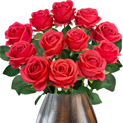 12PCS Fake Red Roses Artificial Red Flowers Bulk, Silk Faux Roses with Stems for Wedding Centerpieces Bridal Bouquets Home Decor Party Floral Arrangements