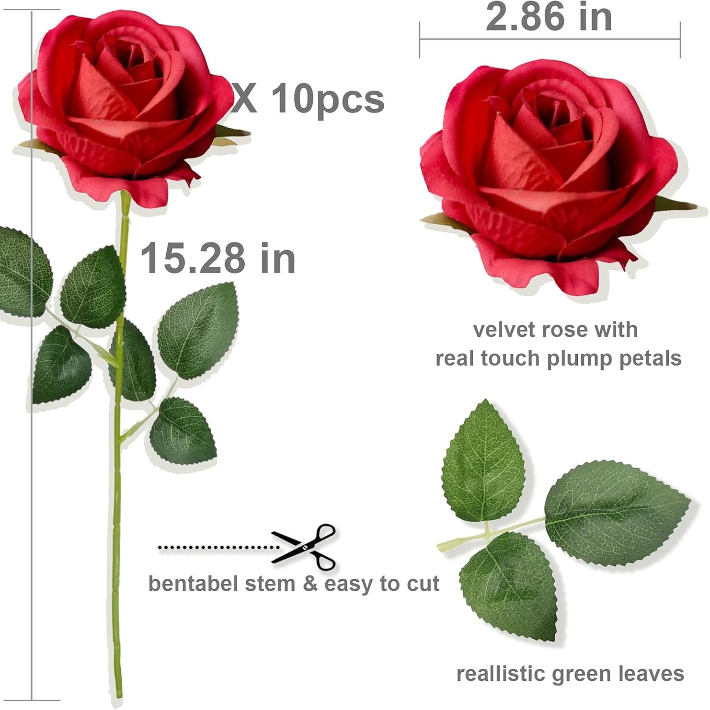 12PCS Fake Red Roses Artificial Red Flowers Bulk, Silk Faux Roses with Stems for Wedding Centerpieces Bridal Bouquets Home Decor Party Floral Arrangements
