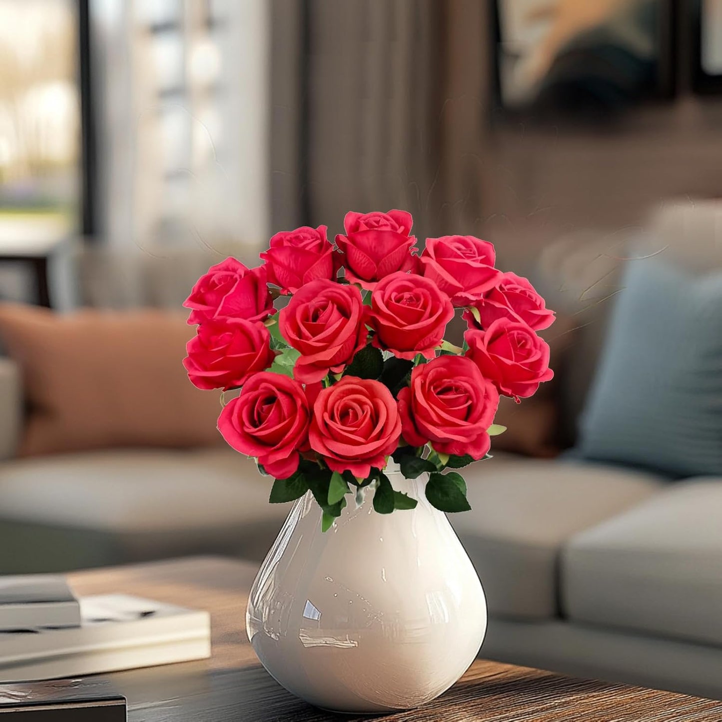 12PCS Fake Red Roses Artificial Red Flowers Bulk, Silk Faux Roses with Stems for Wedding Centerpieces Bridal Bouquets Home Decor Party Floral Arrangements